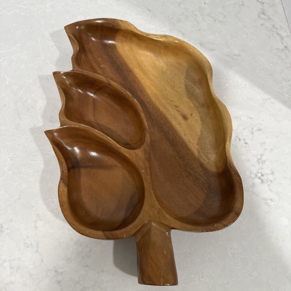 Vintage MCM-Style Handmade Monkey Pod Wood Leaf Shaped Serving/made In Hawaii